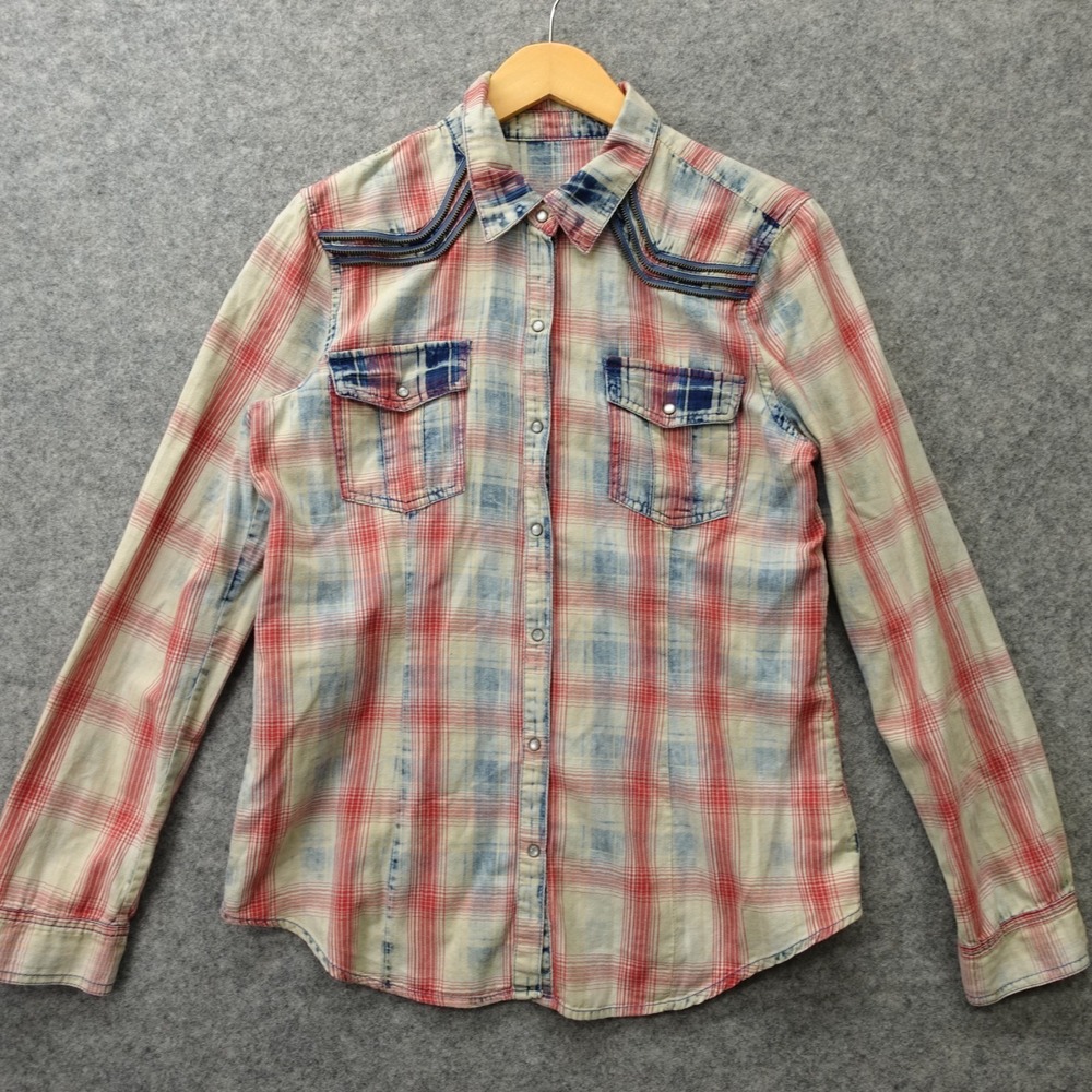 Western Womens Flannel Snap Shirt MEDIUM Red Blue Plaid BLANK NYC Yoke Grunge